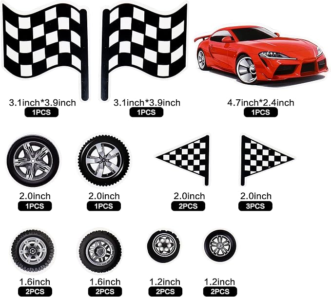 Ercadio 42Pcs Black Red Race Car Birthday Cake Toppers Checkered Flags Wheel Cupcake Toppers Multicolor Balls Cake Decorations for Kids Racing Birthday Cake Decoration Race Car Party Supplies