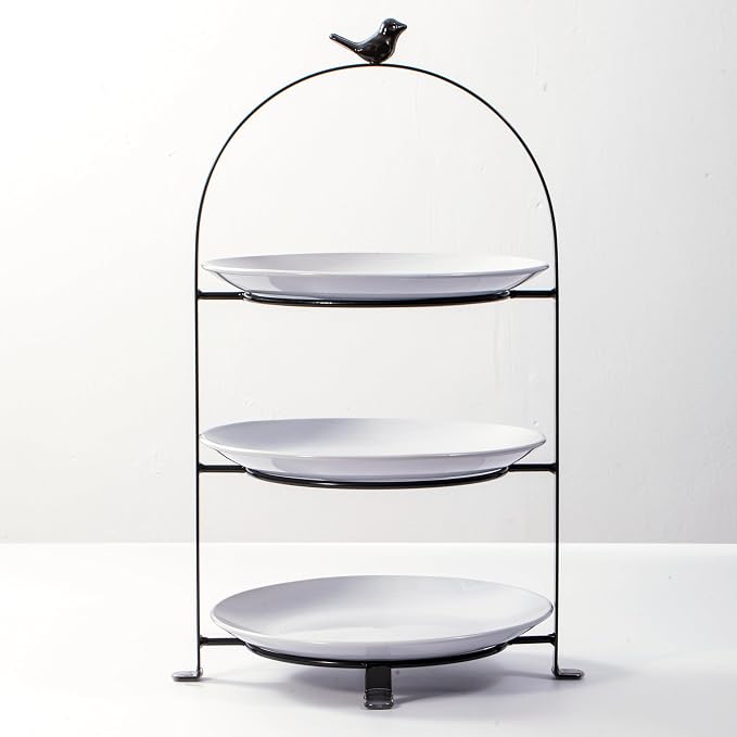 SparkWorks 3 Tiered Cake Stand, Tea Party Serving Platter, Dessert and Cupcake Stand, Metal Tiered Serving Stand Includes Three Premium White Stoneware Plates (10.5 inch)