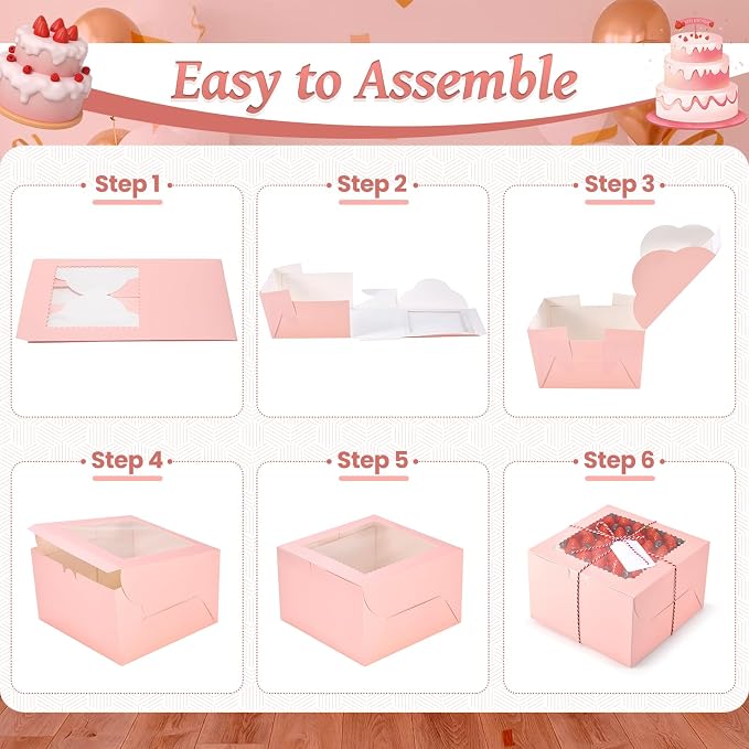 20Pcs 8 Inch Cake Boxes with Window, 8x8x5 Inches Pink Bakery Boxes, Cake Carrier Container for Pastries, Pie, Cookies, Chocolates, Cupcakes, Birthday Party, Wedding