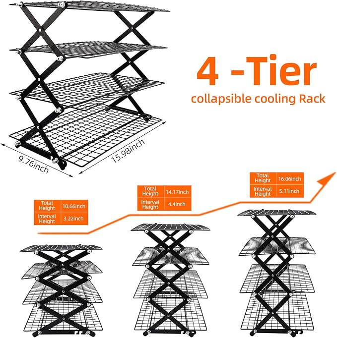 2/3/4-Tier Collapsible Cooling Rack with Adjustable 3 Setting Design Stackable Wire Baking Rack Cooling Racks for Cooking and Baking Roasting Cookies Pizza Gifts for Women