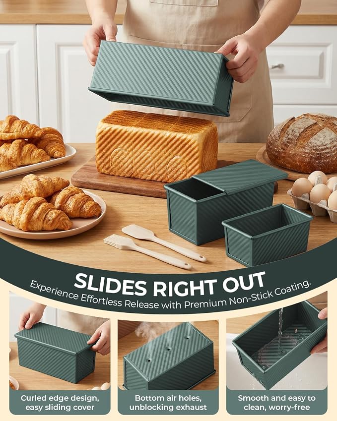 CARTMAN 3-Piece Pullman Loaf Pan with Lid Set – Non-Stick Carbon Steel Bread Pan with Bottom Vents – Includes Large (12"), Medium (8") & Mini (7") Sizes plus Silicone Tools – Sage Green
