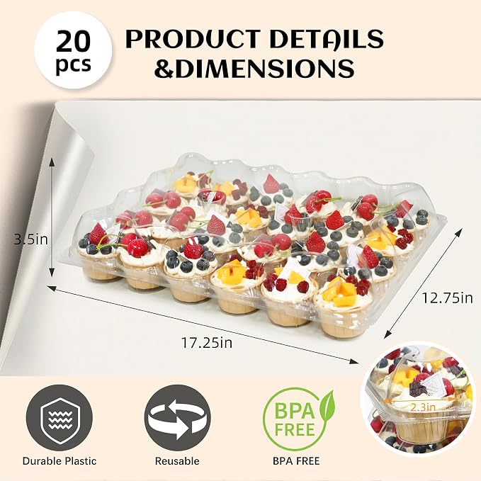 WIKDAY 24 Count x 20 Sets Plastic Cupcake Containers, Durable and BPA-Free Cupcake Holder with Lid for Easy Transport Storage, Stackable Clear Cupcake Carriers, Reusable Dessert Boxes