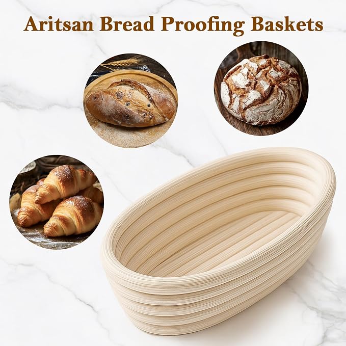 4 Pack 10 Inch Oval Banneton Bread Proofing Basket, Rattan Sourdough Bread Baskets with Liners for Home Baking