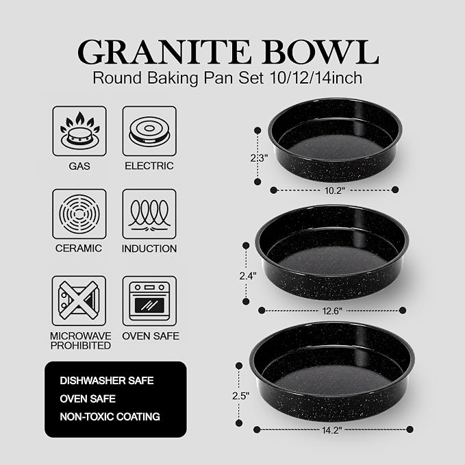 3-Pack Enamel Roasting Pan Set Round Deep Baking Pans Oven Trays10"/12"/14" Cake Pans High Performance Non-Toxic Pizza Pan Cookie Baking Sheets Oven Trays For Cooking Merry Christmas Gift for Mom