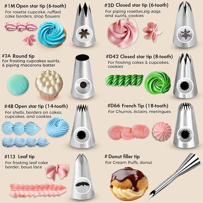 15PCS Stainless Steel Piping Tips Set - Cake Decorating Kit with 8 Nozzles, 2 Bags + Tools