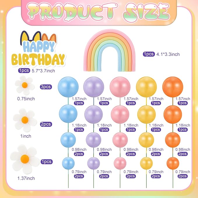 38 Pcs Rainbow Cake Topper with Daisy Balls Cake Topper, Pastel Cupcake Toppers Cake Decorations for Birthday Wedding Party Supplies