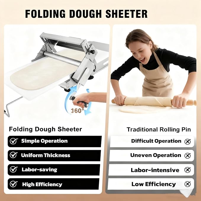 304 Stainless Steel Folding Dough fondant Sheeter with 23.62" x 11.81" Sheeter Board fondant non-stick roller Manual Dough Roller with 1-20mm Adjustable Thickness