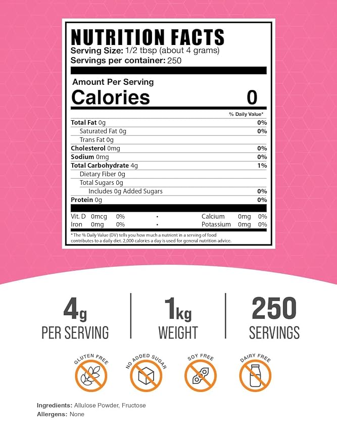 BulkSupplements.com Allulose Powder - Allulose Sweetener, Sugar Substitutes for Baking, Sugar Alternative - Pure & Gluten Free, 4g per Servings, 1kg (2.2 lbs) (Pack of 1)