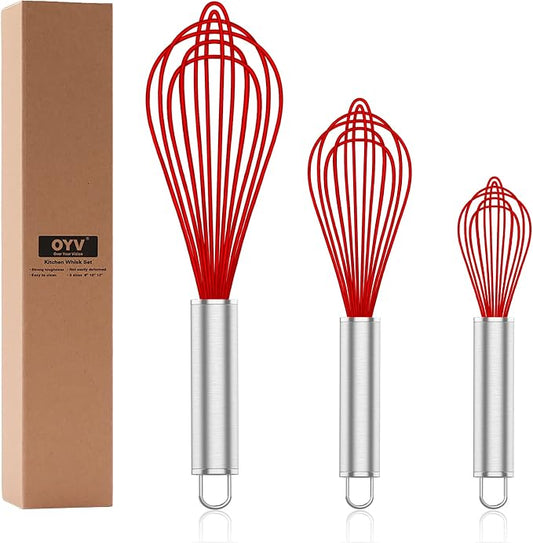 OYV Silicone Rubber Whisk,Premium Whisks For Cooking Non Scratch,Stainless Steel & Silicone Wisk For Nonstick Cookware Pans, High Heat Resistant kitchen Whisks set of 3,Red
