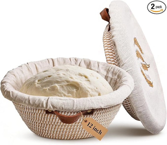 12 Inch Large Cotton Rope Banneton Bread Proofing Basket Set, 2 Pack Round Sourdough Bread Baking Supplies with Liners & Covers for Artisan Bread Baking