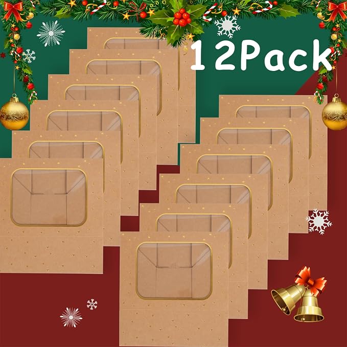 YEKTFS 12pcs Gold Star Cookie Boxes, Brown Bakery Boxes with Window 8.25x6x2.75in Gold Foil Star Treat Cake Boxes for Gift Giving Pastry Dessert Cupcakes Candy Donut Packaging (KRAFT PAPER, 12)