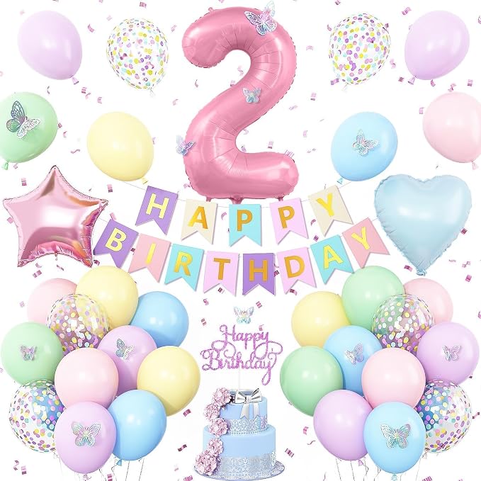 2nd Birthday Decoration for Girls,Easter Pastel Rainbow 2nd Balloon Number 2 Balloon Butterfly Stickers Star Heart Foil Balloons Banner for Baby 2 Year Old Party Decor
