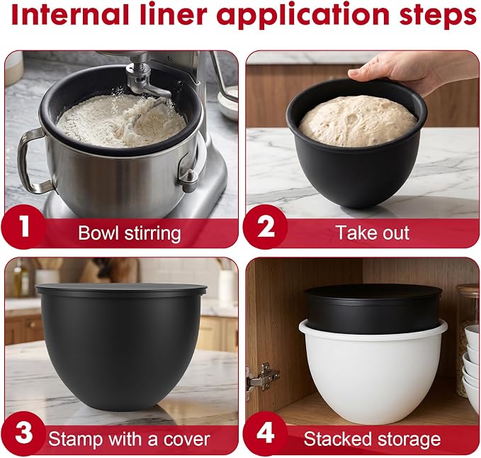 Silicone Bowl Insert and Mixer Slider Mat Set Compatible with KitchenAid 4.5-5 Qt Tilt-Head Stand Mixer, 2 Pcs BPA-Free Baking Liners (Black/White) & Appliance Sliding Tray-3PCS