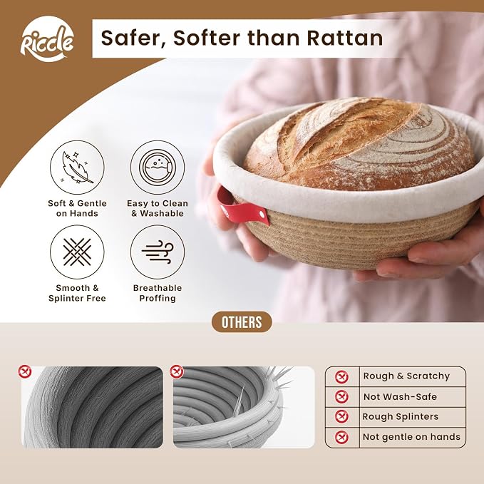Riccle Cotton Rope Banneton Bread Proofing Basket Set, 9 Inch Round Bread Basket with Liners & Covers for Artisan Bread Baking, Sourdough Bread Baking Supplies