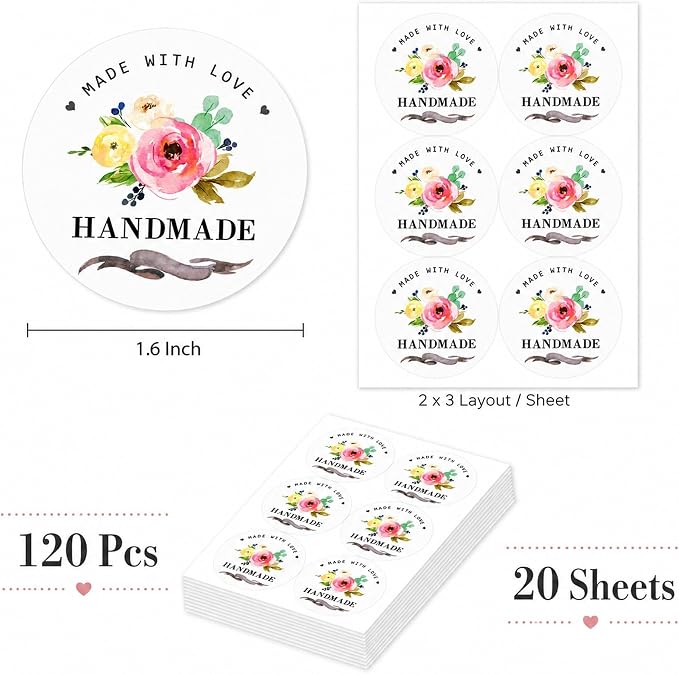 Handmade Goods Packaging Seal Stickers: 120 Pcs Floral Labels | 1.6 Inch Paper Stickers For Handmade Goods Small Business And Bakery Packaging