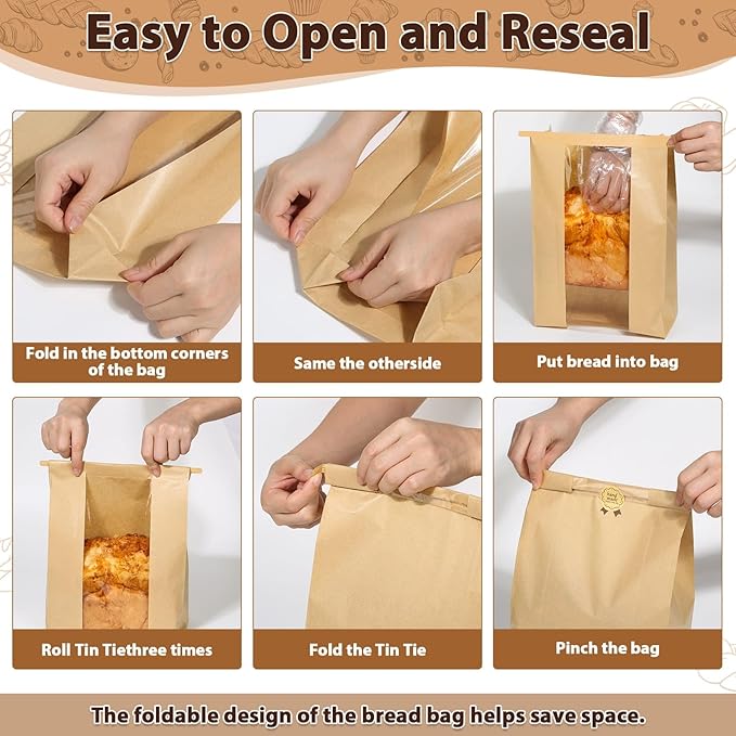 Sublaga Bread Bags with Tin Tie Tab Lock, 70 Pack Large Kraft Paper Sour Dough Bag for Homemade Bread Sourdough Bags 14" x 8.3" x 3.5" for Treat Packaging Storage Gift Giving with 75 Pcs Seal Sticker