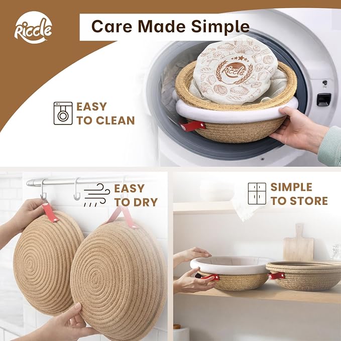 Riccle Cotton Rope Banneton Bread Proofing Basket Set,Pack Of 2, 9 Inch Round Bread Basket with Liners & Covers for Artisan Bread Baking, Sourdough Bread Baking Supplies