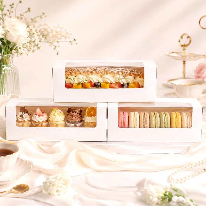 FORBFAN 50 Pcs Roll Cake Boxes 12x4x3.5 Inches, Rectangle Pumpkin Roll Packaging Boxes, White Bakery Pastry Boxes with Window for Swiss Roll, Loaf, Cinnamon Roll, Banana Bread