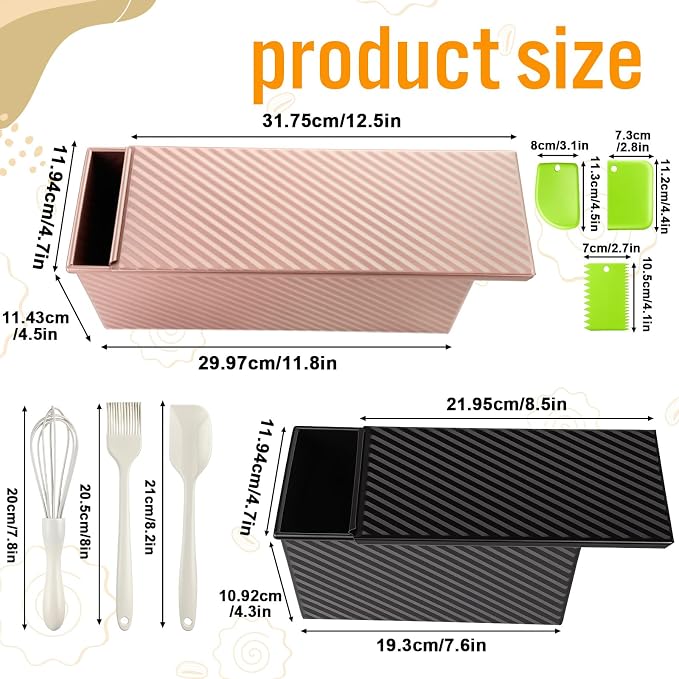 2 Pack Pullman Loaf Pan with Lid and a Silicone Spatula and Basting Pastry Brush, 2.2 LB & 1 LB Dough Capacity, Non-Stick Carbon Steel Bread Pans, Corrugated Toast Mold for Bakeware Toast Oven Baking