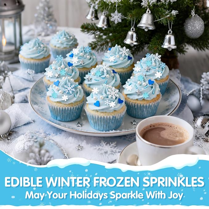 Edible Snowflake Sprinkles,Frozen Sprinkle for Cake,Blue Heart White Snowflake Silver Star Pearl Jimmies Mix,130g/4.58oz,Winter Snow Sugar Pearls Sprinkles for Decorations Baking,Cake Ice Cream Cookies Cupcake Topper Chocolate,Birthday Children Party D...