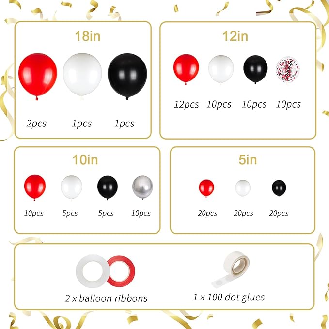 136pcs Red and Black Balloons Arch kit, 18 12 10 5 Inch Red and White Silver Confetti Balloons 2025 Graduation, Birthday Decorations, Baby Shower, Casino, Race Car, Mother’s Day Party