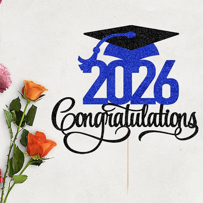 Black Dark blue Glitter 2026 Congratulations Graduation Cake Topper,Congrats Grad Cake Decor - 2026 High School/College/Senior Graduation Party Decorations Supplies