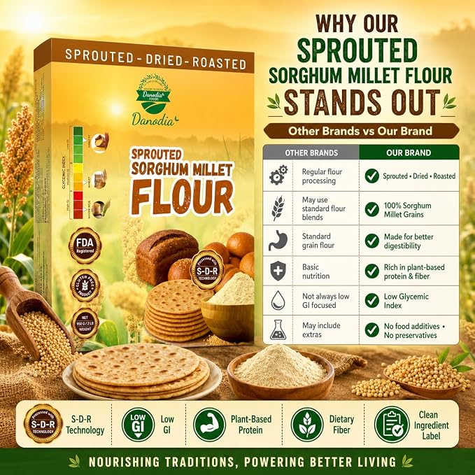 Danodia Foods Sprouted Jowar Flour 950g / 2 lb, Sorghum Flour/Jowar Atta, Roasted & Ground Millet Flour for Roti, Bhakri, Flatbread, Porridge & Baking, Indian & US Pantry