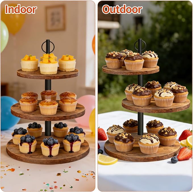 Cupcake Stand, 3 Tier Cupcake Stand Rustic Dessert Table Display Set Wood Cupcake Tower Cake Stand Tiered Tray Stand for Wedding Birthday Baby Shower 1 Pack
