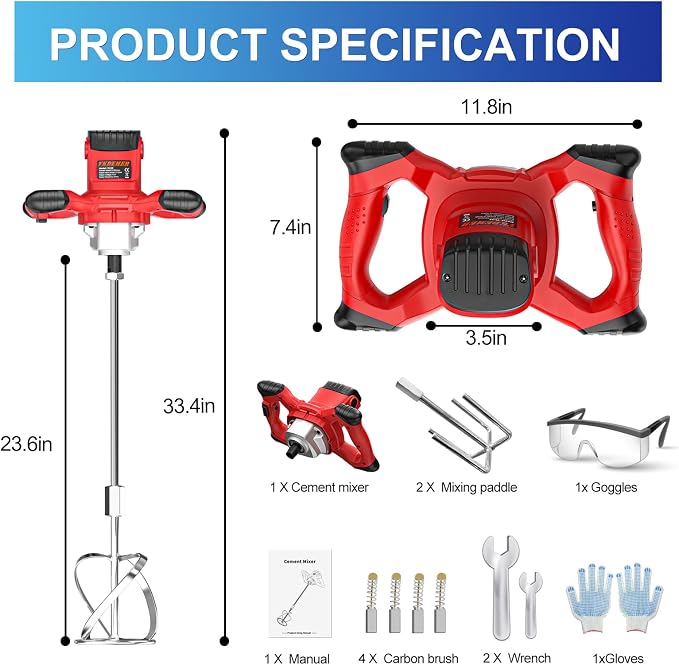 Electric Handheld Cement Mixer, 2pcs Mixing Heads Included, Portable Mortar Mixer with 6 Adjustable Speed, 110V Mud Mixer for Mixing Plaster,Cement, Paint, Fodder