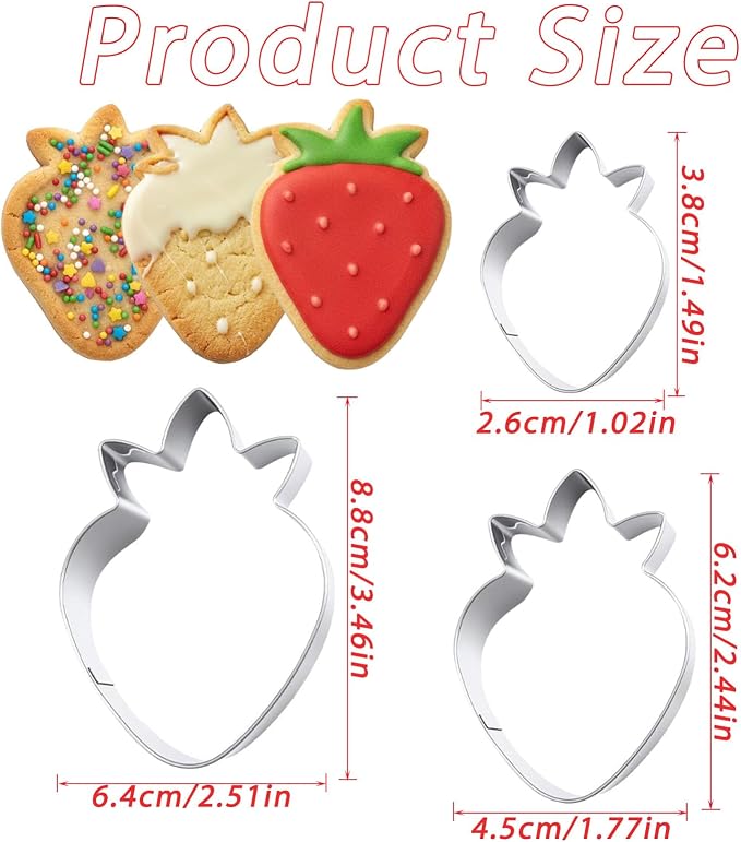 3 Piece Strawberry Cookie Cutter Set Stainless Steel Strawberry Shaped Cutters for Baking Cookies Fondant Dough Dishwasher Safe with Sizes 3.5 2.5 1.5 Inch