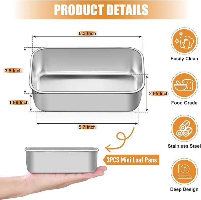 P&P CHEF Stainless Steel Mini Bread Loaf Pans, 3 PCS, Lasting & Rust-free | 6.3 x 3.5 Inch, Small Size for Air Fryer & Oven, Ideal for Bread, Meatloaf, Cake and Brownies, Food Grade, Dishwasher Safe