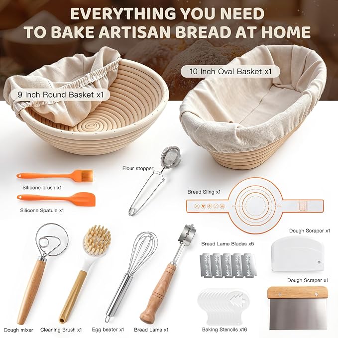 Sourdough Starter Kit - 10 Inch Round Sourdough Proofing Basket with Linen Liner, Handmade Dough Rising Bowl for Artisan Bread Making, Fermentation Tool for Home Bakers - Complete Kit with Scraper