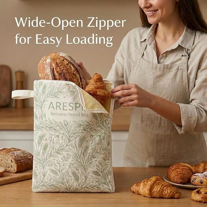 Beeswax Bread Bag with Zipper, Reusable Linen Cotton Bread Bags with Beeswax Lining, 13x17 inch for Homemade Sourdough, Keeps Bread Fresh for Storage (2, Green)