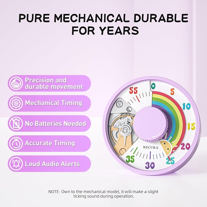 Secura 60-Minute Rainbow Visual Timer 6-Inch Mechanical Countdown Timers for Teaching, Meeting, Cooking, Working - Timer for Kids with Magnetic Backing (Purple)