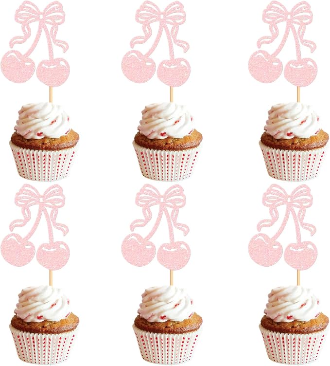24Pcs Glitter Pink Cherry Fruit Cupcake Toppers Cherries Cupcake Picks for Fruit Theme Baby Shower She Is Cherry On Top Funny Birthday Cupcake Decorations Cherries Party Supplies