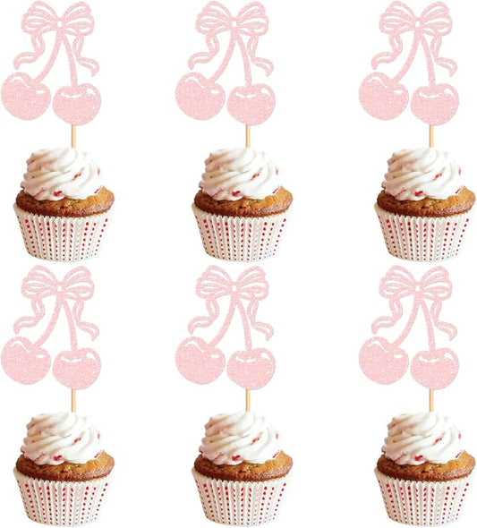 24Pcs Glitter Pink Cherry Fruit Cupcake Toppers Cherries Cupcake Picks for Fruit Theme Baby Shower She Is Cherry On Top Funny Birthday Cupcake Decorations Cherries Party Supplies