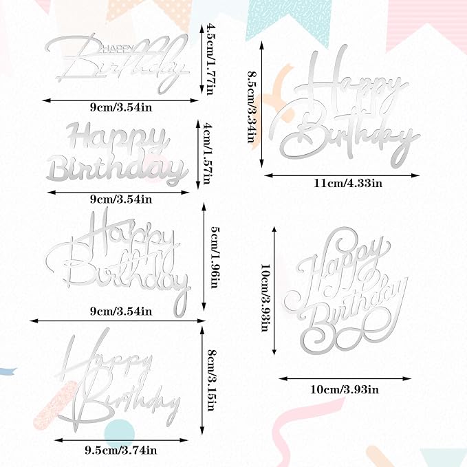 6 PCS Happy Birthday Side Cake Toppers Black Mirror Side Cake Toppers DIY Acrylic Glitter Cake Inserts Celebration Birthday Party Event Cupcake Decorations(Silver)（Need to remove the protective film）