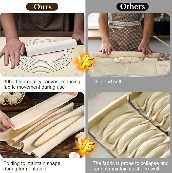 9PCS Pastry Cloth and Rolling Pin Cover Set, 3PCS 25" X 20" Heavy Cotton Canvas Cloth Pastry Mats, 6PCS 13" X 2.7" Flexible Rolling Pin Covers Sleeves for Rolling Dough Pie Baking Bread Supplies