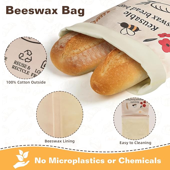 2 Pack Beeswax Bread Bags for Sourdough Homemade Bread, XL Reusable Bread Storage Bag, Organic Waxed Line and Linen Fabric Bread Bag for Home Bakers, Picnics Work or Gift-Giving