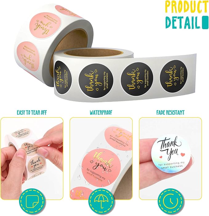 3000Pcs 1Inch Thank You Stickers, 6Rolls Thank You for Supporting My Small Business Stickers Handmand Thank You for Your Order Stickers Labels Packing Supplies for Baking Envelopes Gift Wraps Crafts