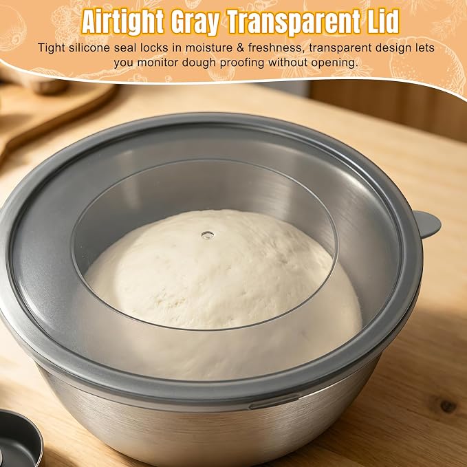 3 Pack Pizza Dough Proofing Bowls, 1200 ml Stackable Stainless Steel Proofing Container with Clear Airtight Lid, Suitable for Fermenting Pizza Dough and Bread