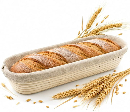 Vollum Banneton Bread Proofing Basket & Liner – Handmade Rustic Sourdough Bread Baking Supplies, Baguette Brotform, Sour Dough Tools, Gifts for Bakers - Rectangular - 13.5 x 3.5 x 2.5"H