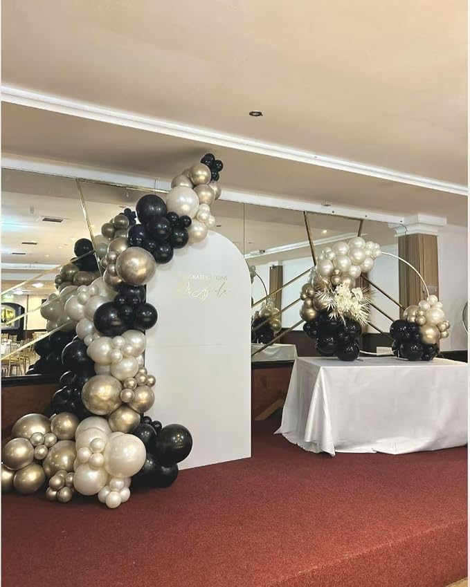 Black Gold White Balloon Arch Kit, Double Stuffed Pearl Sand White Black Chrome Gold Confetti Balloon 22 18 12 10 5 Inch Balloons Garland Kit for Birthday Graduation New Years Party Decoration