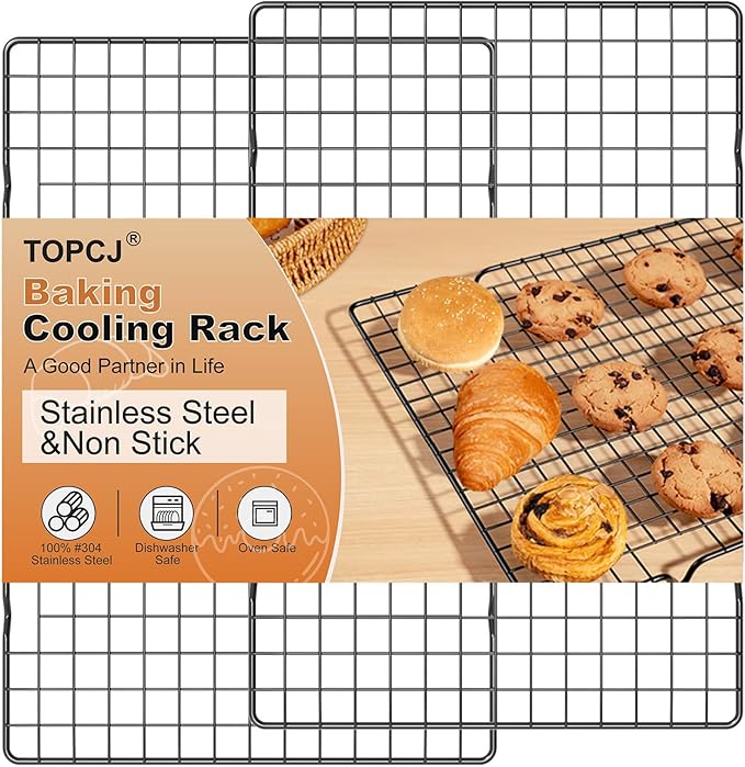 TOPCJ 2PCS Cooling Rack for Baking, 10”X15” Heavy Duty Wire Rack for Grilling,Baking, Roasting,Cooking,Non-Stick,For Jelly Roll Baking Trays,Multi-Purpose Drainer Rack,Stainless Steel,Black