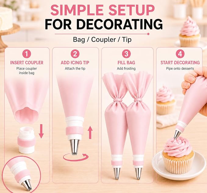 15 PCS Cake Decorating Supplies Set with 2 Reusable Superflex Piping Bags, 6 Stainless Steel Icing Tips, 3 Cake Scrapers, 2 Couplers and Ties for Beginners,Pink