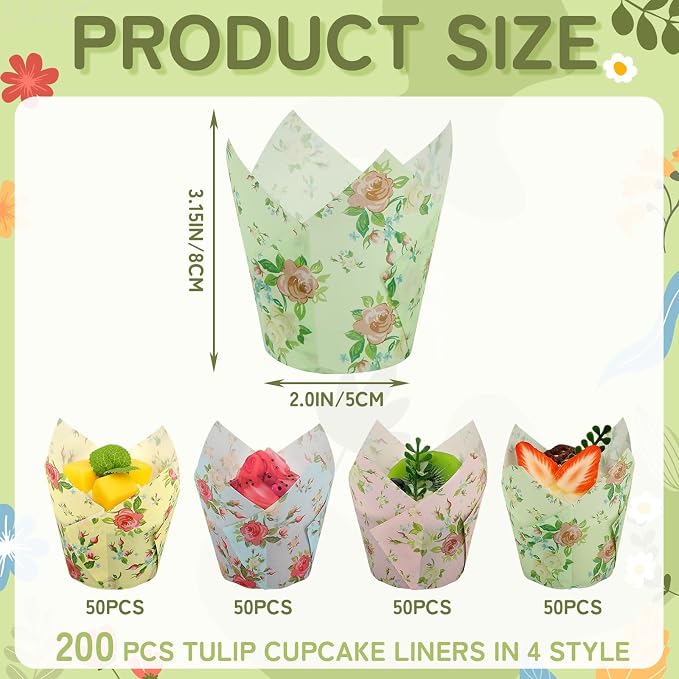 AUGSHY Floral Tulip Cupcake Liners, 200Pcs Flower Paper Muffin Baking Cups | Greaseproof Paper Cupcake Wrappers, Cake Dessert Decorations, Spring Easter Baby Shower Birthday Wedding Tea Party Supplies
