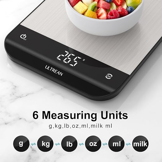 Ultrean Food Scale, Digital Kitchen Scale with LED Display, Weight Grams and Ounces for Baking Cooking, 6 Units with Tare Function, 304 Stainless Steel, 11lb (Batteries Included)