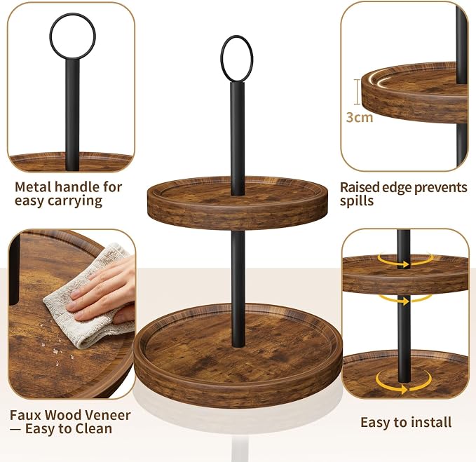 Tiered Tray Stand, Rustic Two Tier Decorative Tray with Metal Handle, Farmhouse 2 Tier Serving Tray, Round Cake Cupcake Stand for Coffee Bar Home Party Decor Holiday Housewarming Gifts(1-Pack)