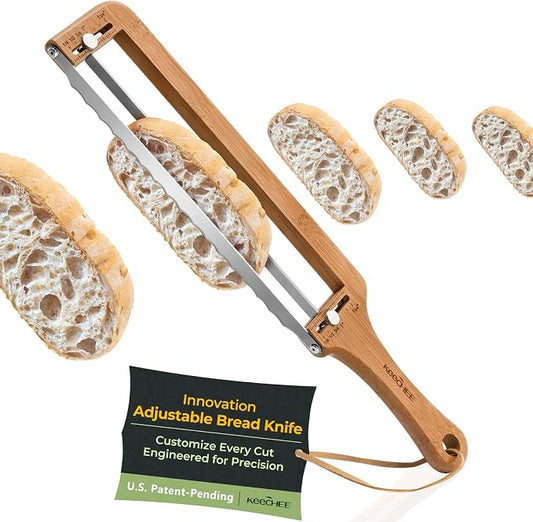 Keechee Adjustable Bread Slicer for Homemade Bread – Sourdough Bread Knife with Thickness Guide & Serrated Stainless Blade, Manual Bow Cutter for Bagels and Baguettes, Gift for Baker, Ambidextrous Use