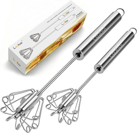 Upgraded Stainless Steel Semi-Automatic Whisk, Easy Push Hand Whisks for Eggs, Cream, Coffee & Light Mixing, Easy Clean Kitchen Whisk for Everyday Cooking (10+12in)